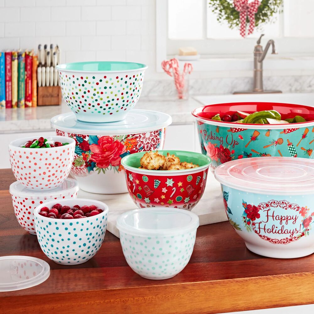 Pioneer Woman Cheerful Rose Melamine Bowl w Lid Set 18-Piece Floral Mixing Prep